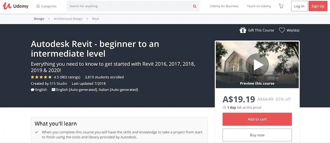Autodesk Revit: Beginner To Intermediate Level (Udemy) best online refit courses