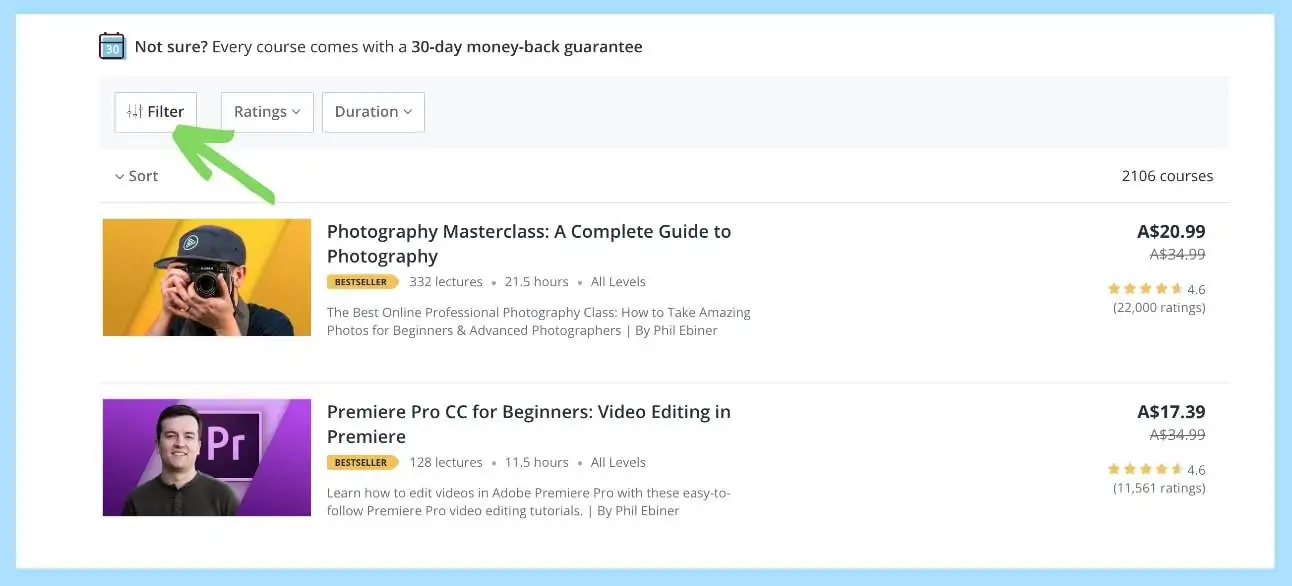 Apply filter for free courses on udemy