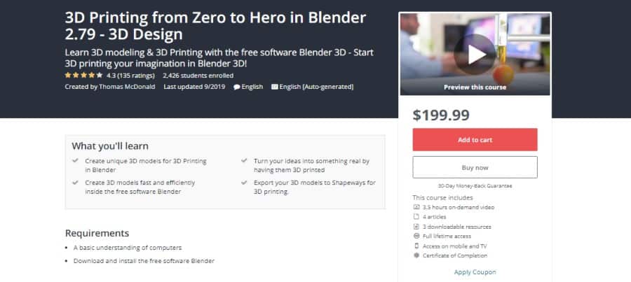 Udemy: 3D Printing from Zero to Hero in Blender 2.79 – 3D Design