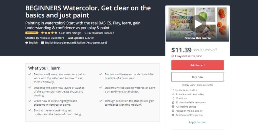Udemy: Beginners Watercolor: Get clear on the basics and just paint