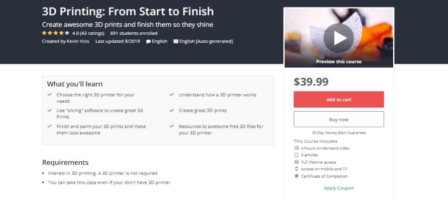 Udemy: 3D Printing: From Start to Finish