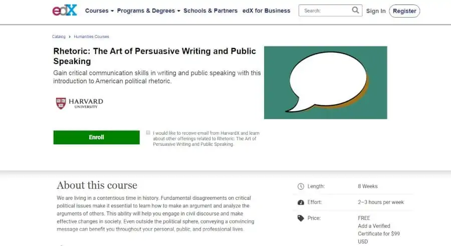 Harvard University (via edx.org): Rhetoric: The Art of Persuasive Writing and Public Speaking