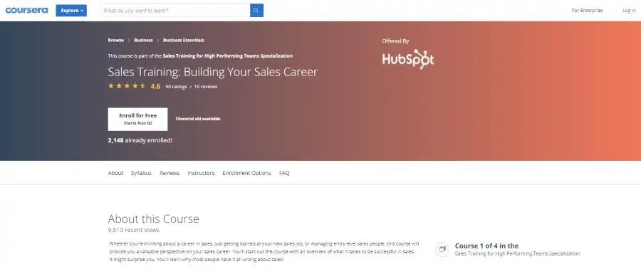 HubSpot Academy (via Coursera): Sales Training: Building Your Sales Career