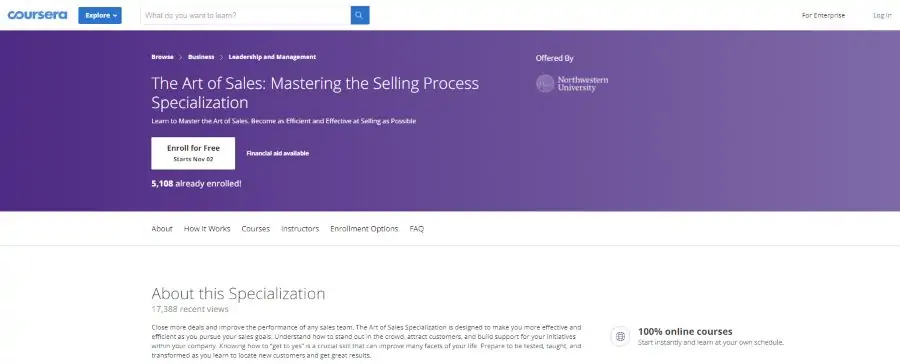 Northwestern University (via Coursera): The Art of Sales: Mastering the Selling Process Specialization