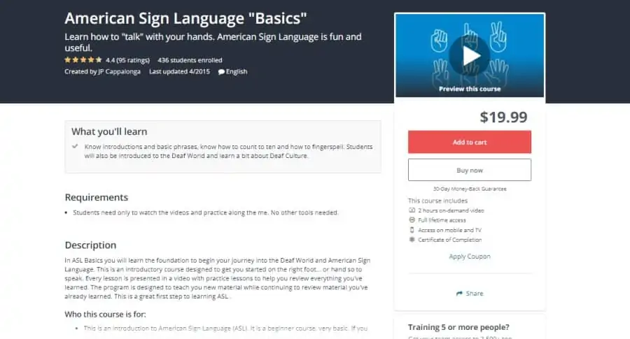 Udemy: American Sign Language “Basics” best online ASL classes