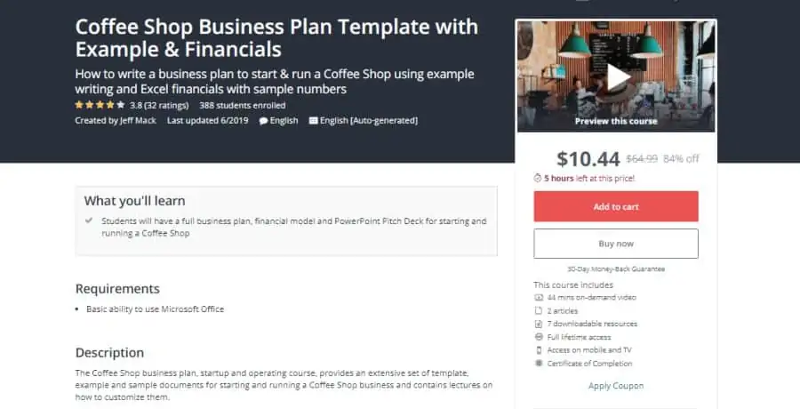 Udemy: Coffee Shop Business Plan Template with Example & Financials