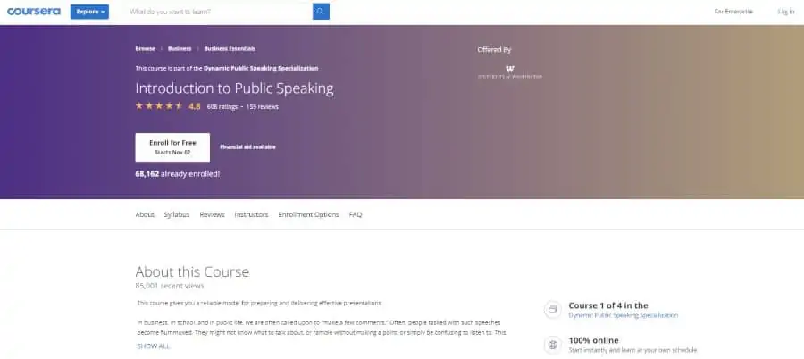 University of Washington (via Coursera): Introduction to Public Speaking