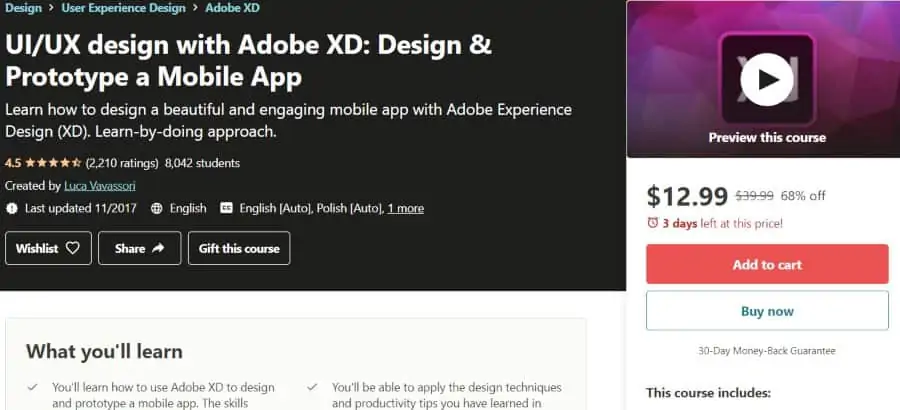 10. UI UX design with Adobe XD Design & Prototype a Mobile App (Udemy)