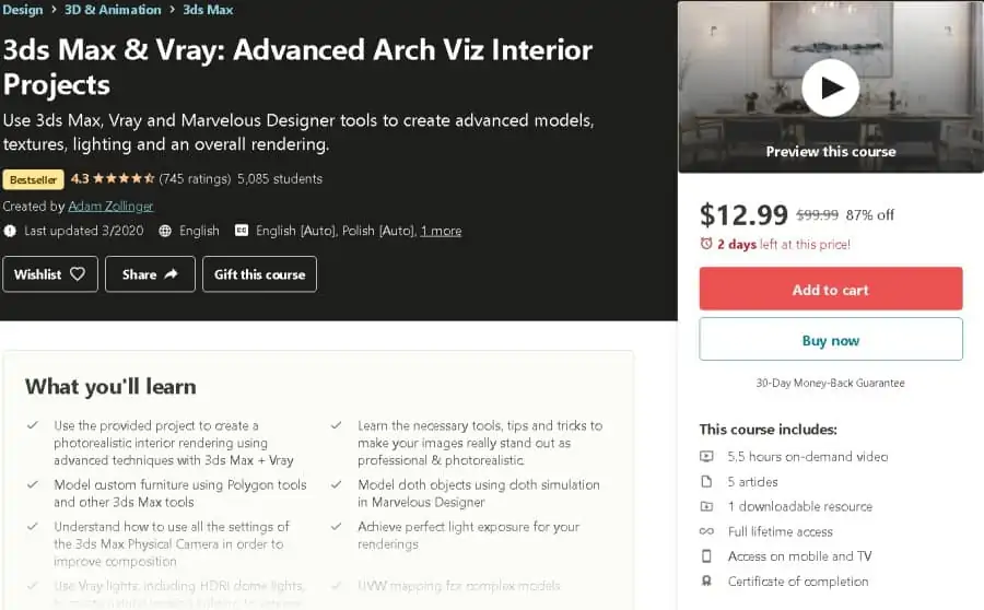 3ds Max & Vray Advanced Arch Viz Interior Projects (Udemy)