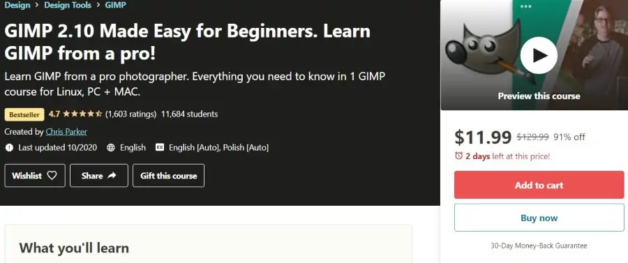 4. GIMP 2.10 Made Easy for Beginners. Learn GIMP from a pro! (Udemy)