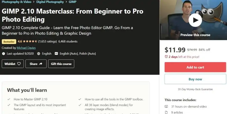 5. GIMP 2.10 Masterclass From Beginner to Pro Photo Editing (Udemy)
