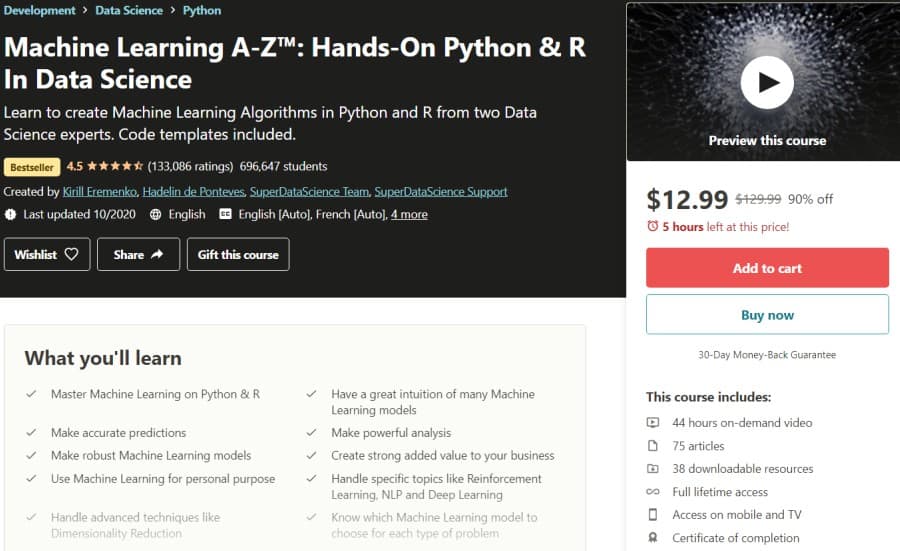 Machine Learning A-Z™ Hands-On Python & R In Data Science (Udemy)