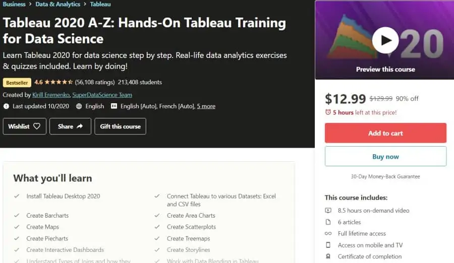 Tableau 2020 A-Z Hands-On Tableau Training for Data Science (Udemy)