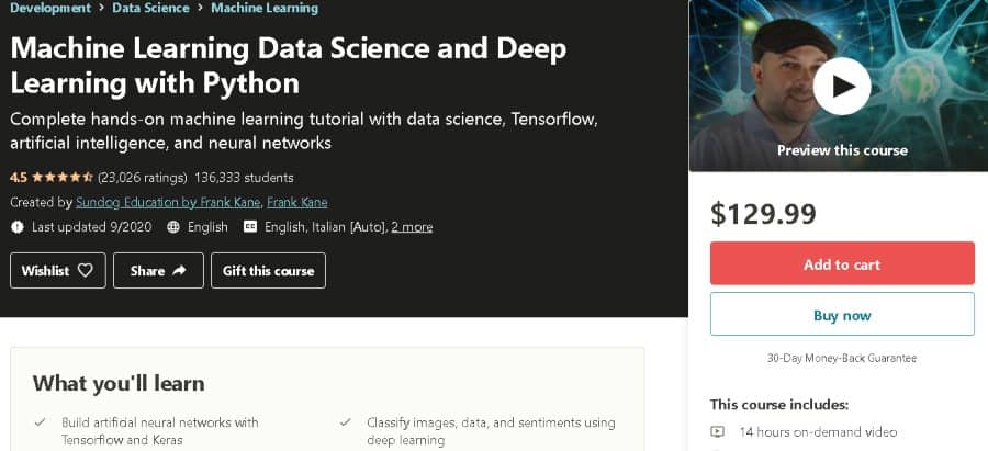 10. Machine Learning, Data Science and Deep Learning with Python (Udemy)