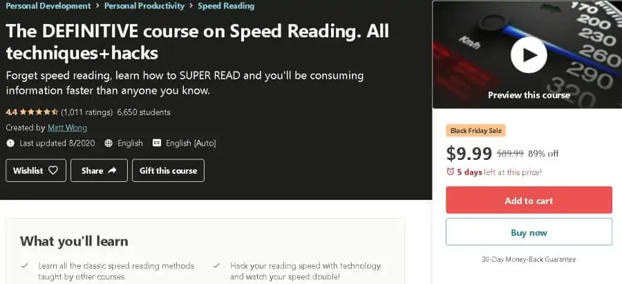 10. The DEFINITIVE course on Speed Reading. All techniques+hacks (Udemy)