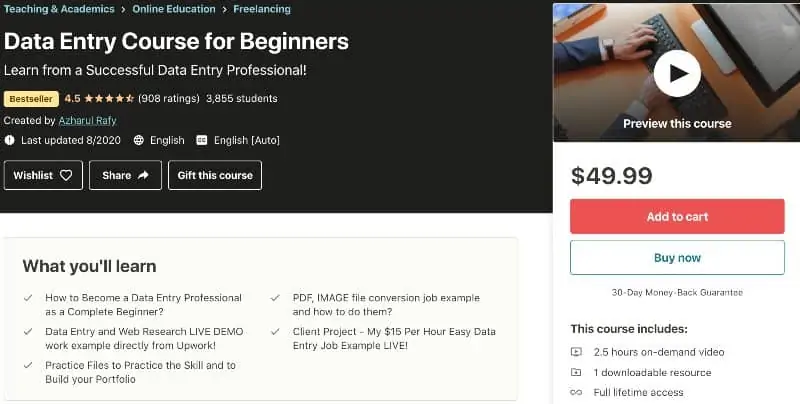 2. Data Entry Course for Beginners (Udemy)