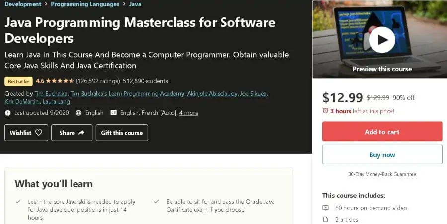 2. Java Programming Masterclass for Software Developers (Udemy)
