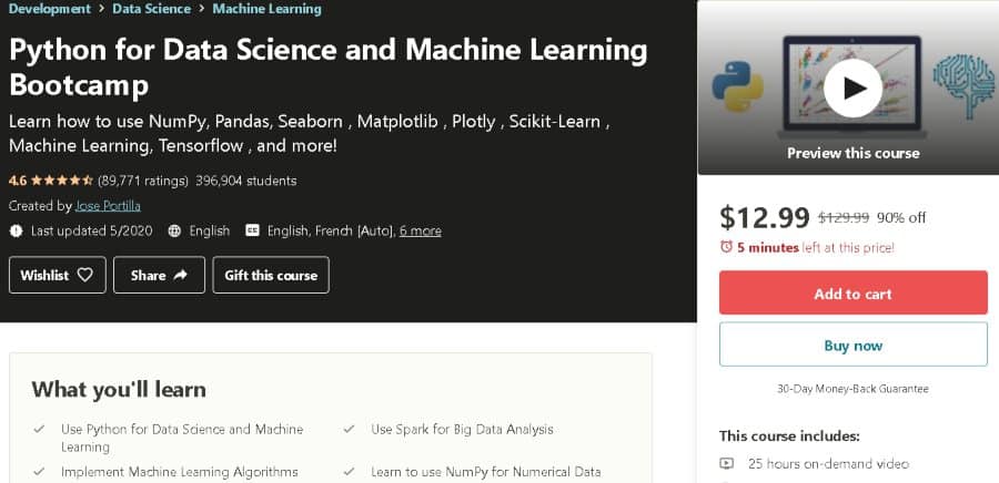 3. Python for Data Science and Machine Learning Bootcamp (Udemy)