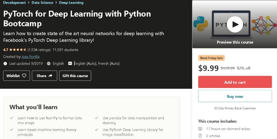 PyTorch for Deep Learning with Python Bootcamp (Udemy)
