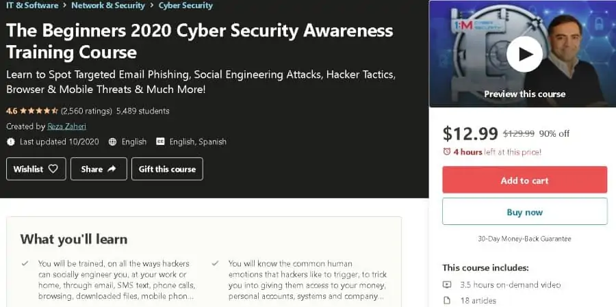 5. The Beginners 2020 Cyber Security Awareness Training Course (Udemy)