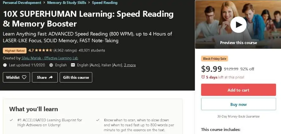 7. 10X SUPERHUMAN Learning Speed Reading & Memory Booster (Udemy)