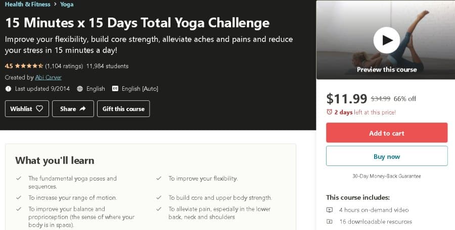 5. 15 Minutes x 15 Days Total Yoga Challenge (Udemy)