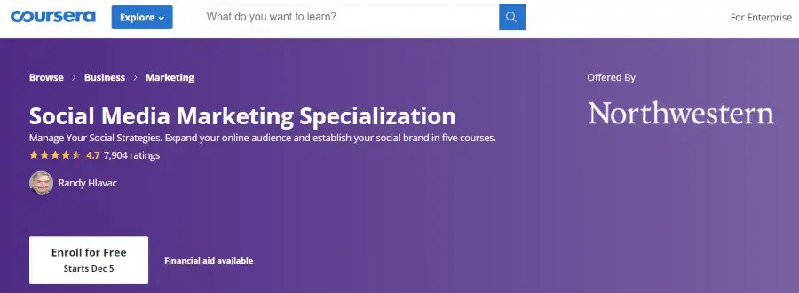 5. Social Media Marketing Specialization (Coursera)