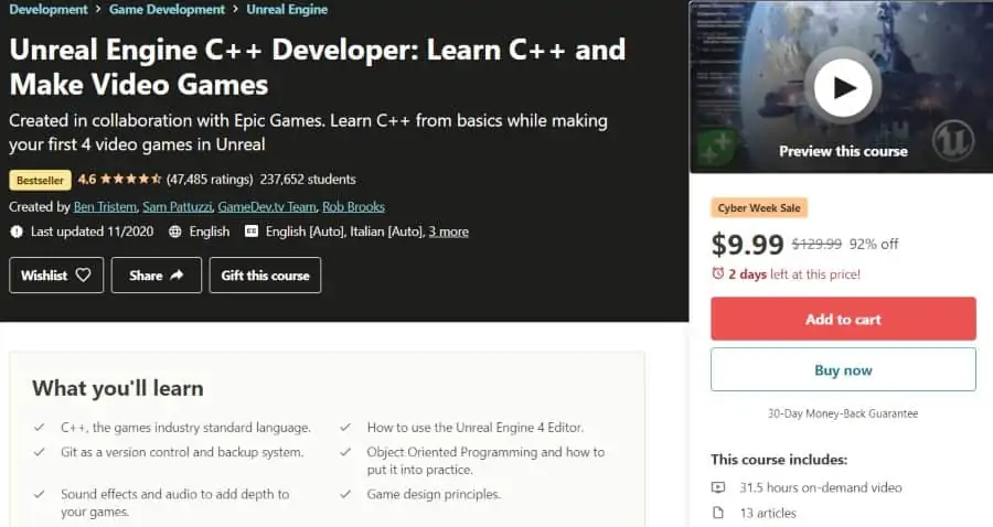 5. Unreal Engine C++ Developer Learn C++ and Make Video Games (Udemy)