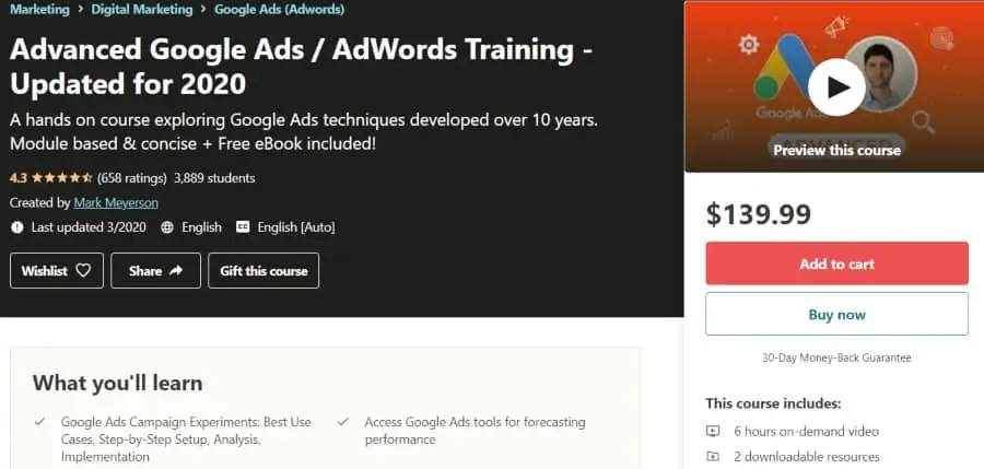 7. Advanced Google Ads AdWords Training - Updated for 2020 (Udemy)