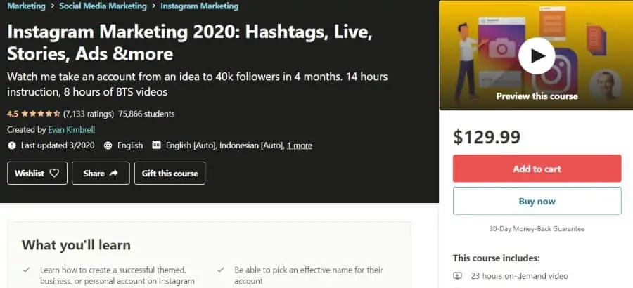 7. Instagram Marketing 2020 Hashtags, Live, Stories, Ads & more (Udemy)