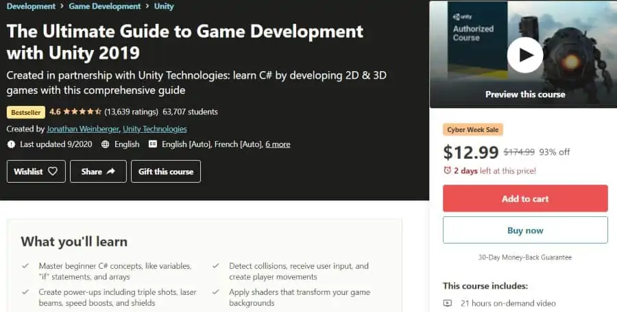 9. The Ultimate Guide to Game Development with Unity 2019 (Udemy)