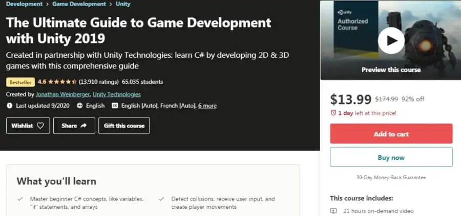 12. The Ultimate Guide to Game Development with Unity 2019 (Udemy)