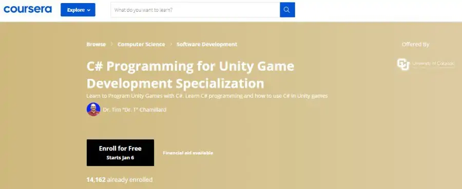 6. C# Programming for Unity Game Development Specialization (Coursera)