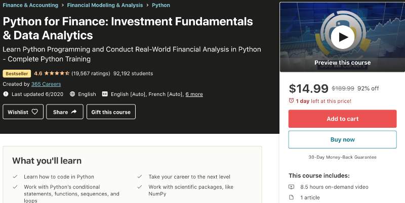 Python for Finance: Investment Fundamentals & Data Analytics (Udemy)