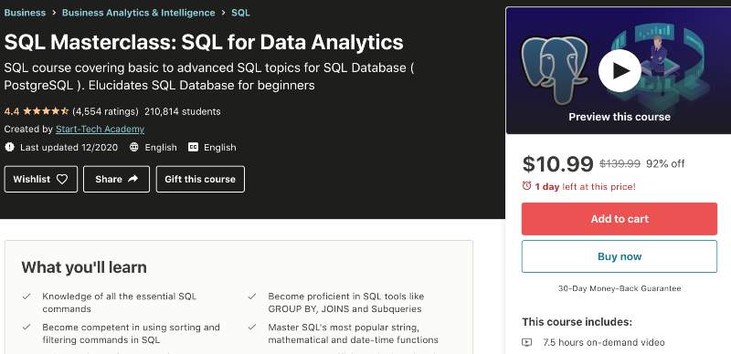 SQL Masterclass: SQL for Data Analytics (Udemy)